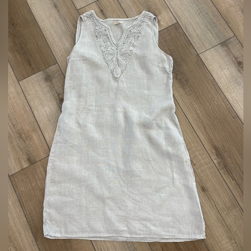 Lina Tomei Embroidered Sleeveless Dress in Light Gray 100% Linen Size Medium
